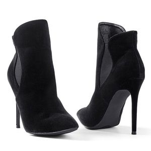 Black suede zip ankle pointy booties heels pumps